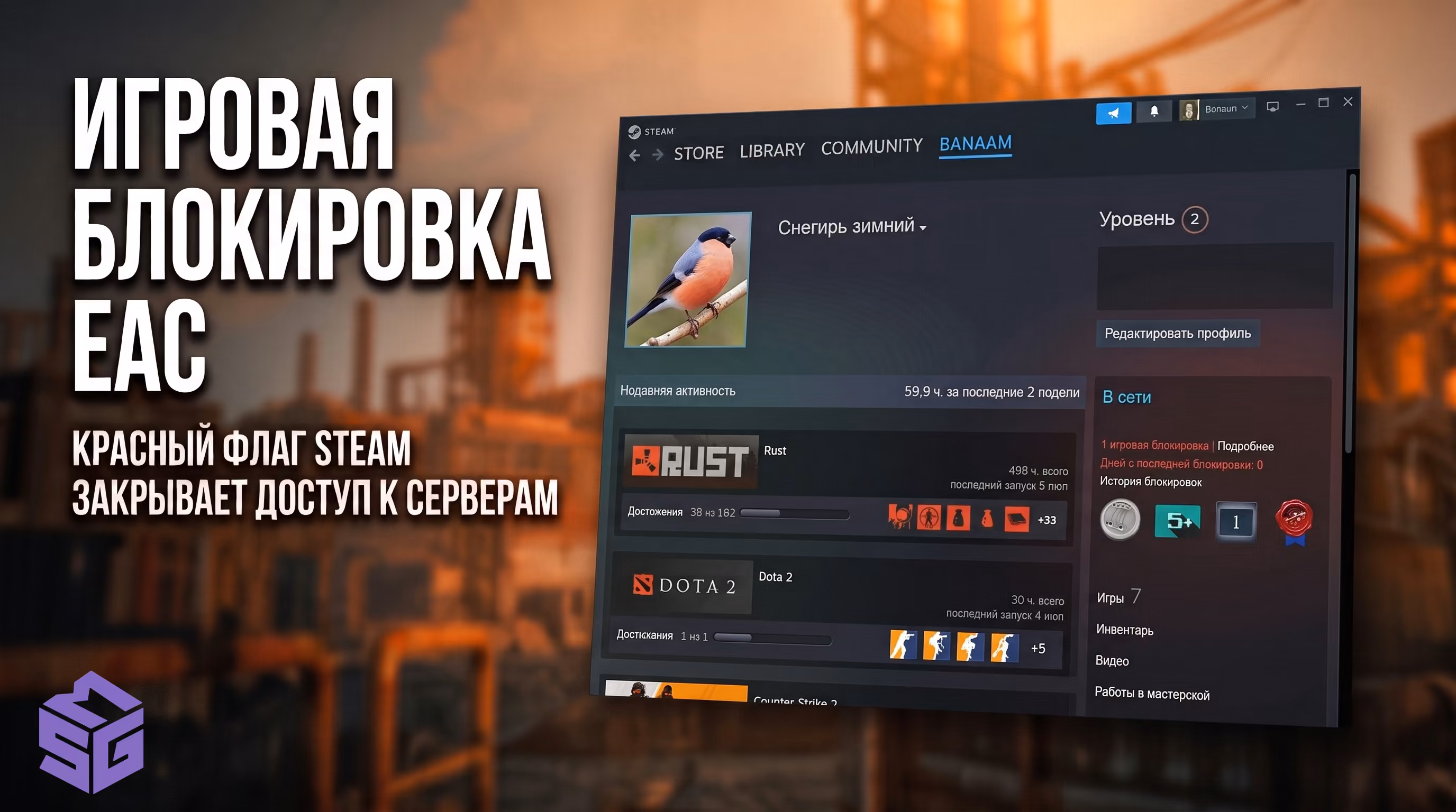 Как выглядит EAC бан в Расте в профиле Steam