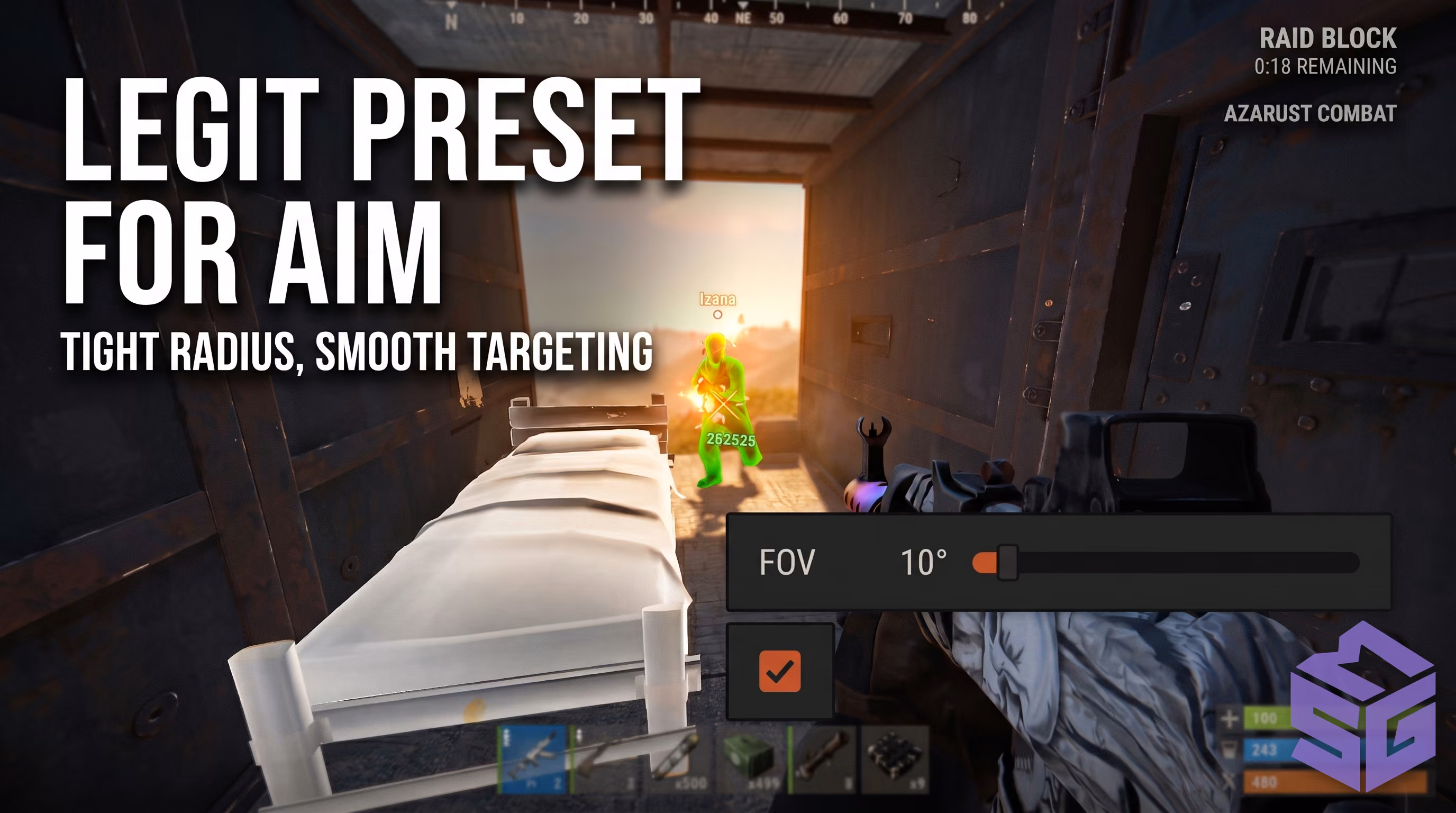 Legit aimbot calibration menu with FOV and Smooth sliders plus ESP filters