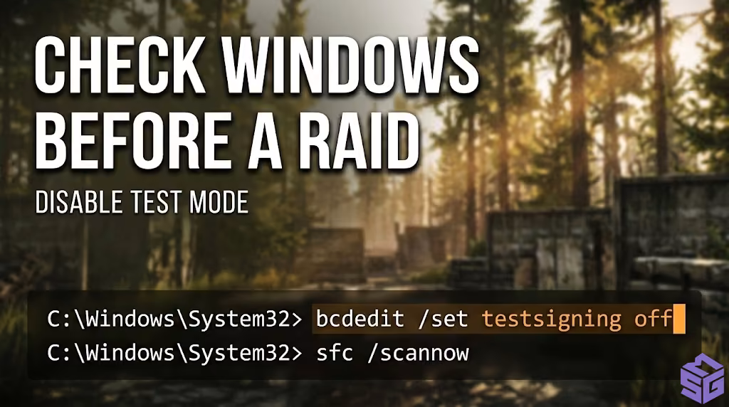 Windows Command Prompt verifying system file integrity and disabling testsigning mode