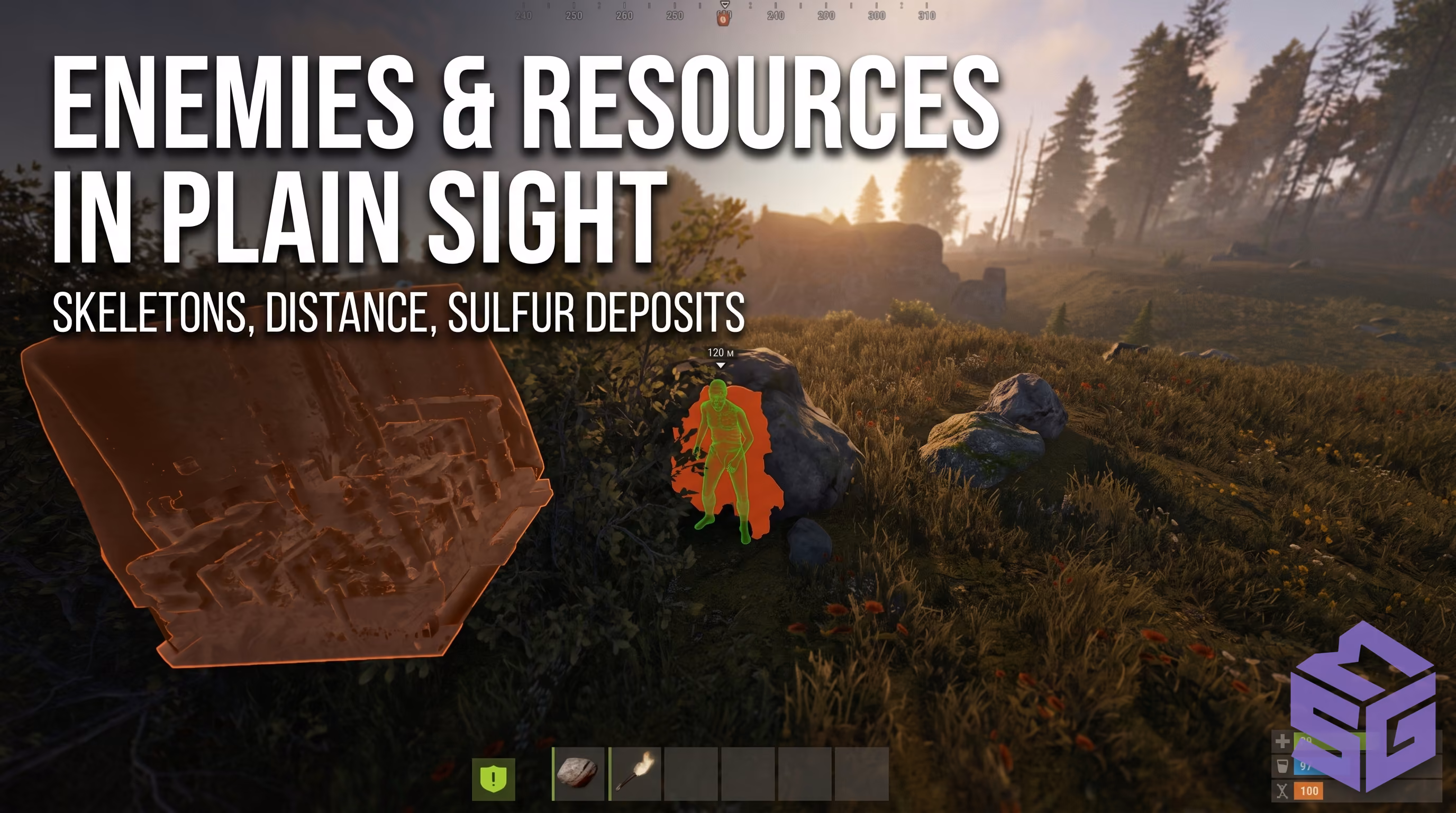 In-game interface of a private Rust cheat module highlighting players and resources