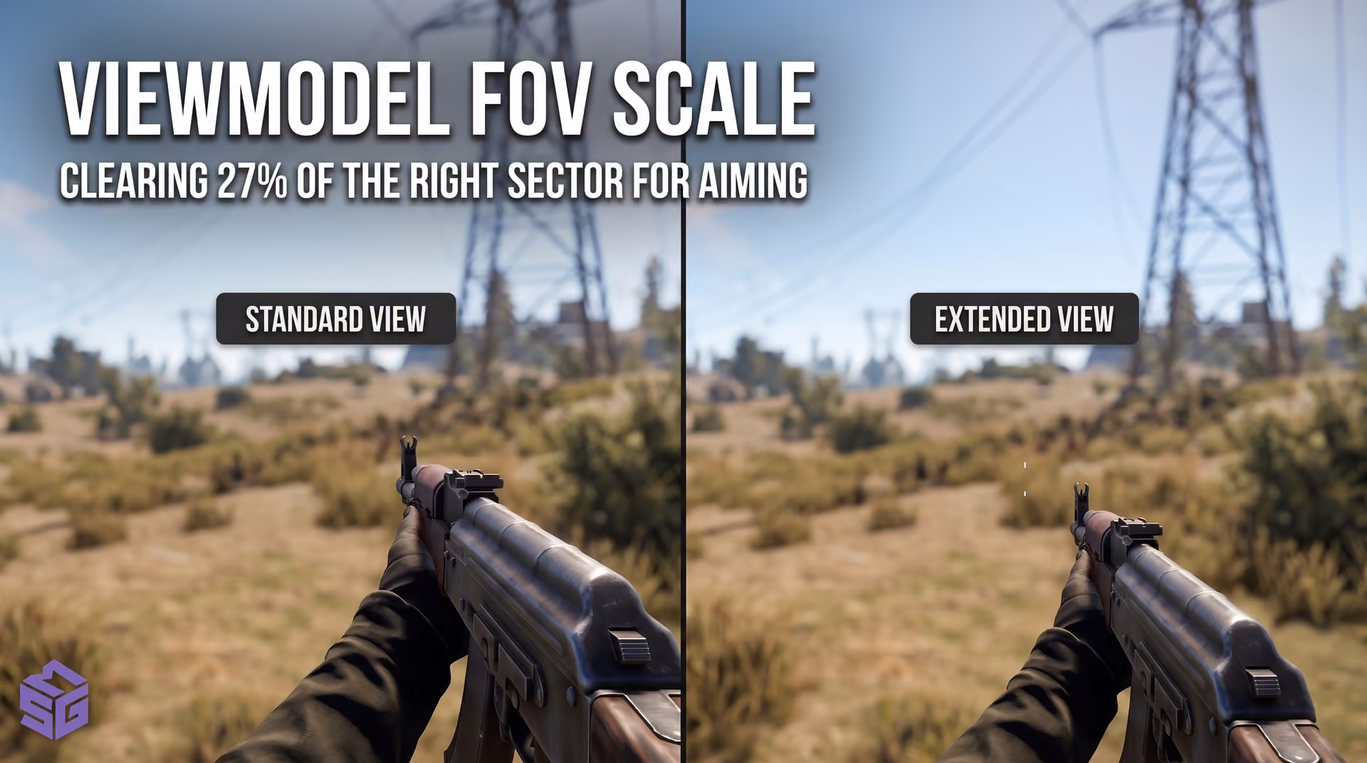Visual screen clearance comparison in Rust between default and stretched viewmodel