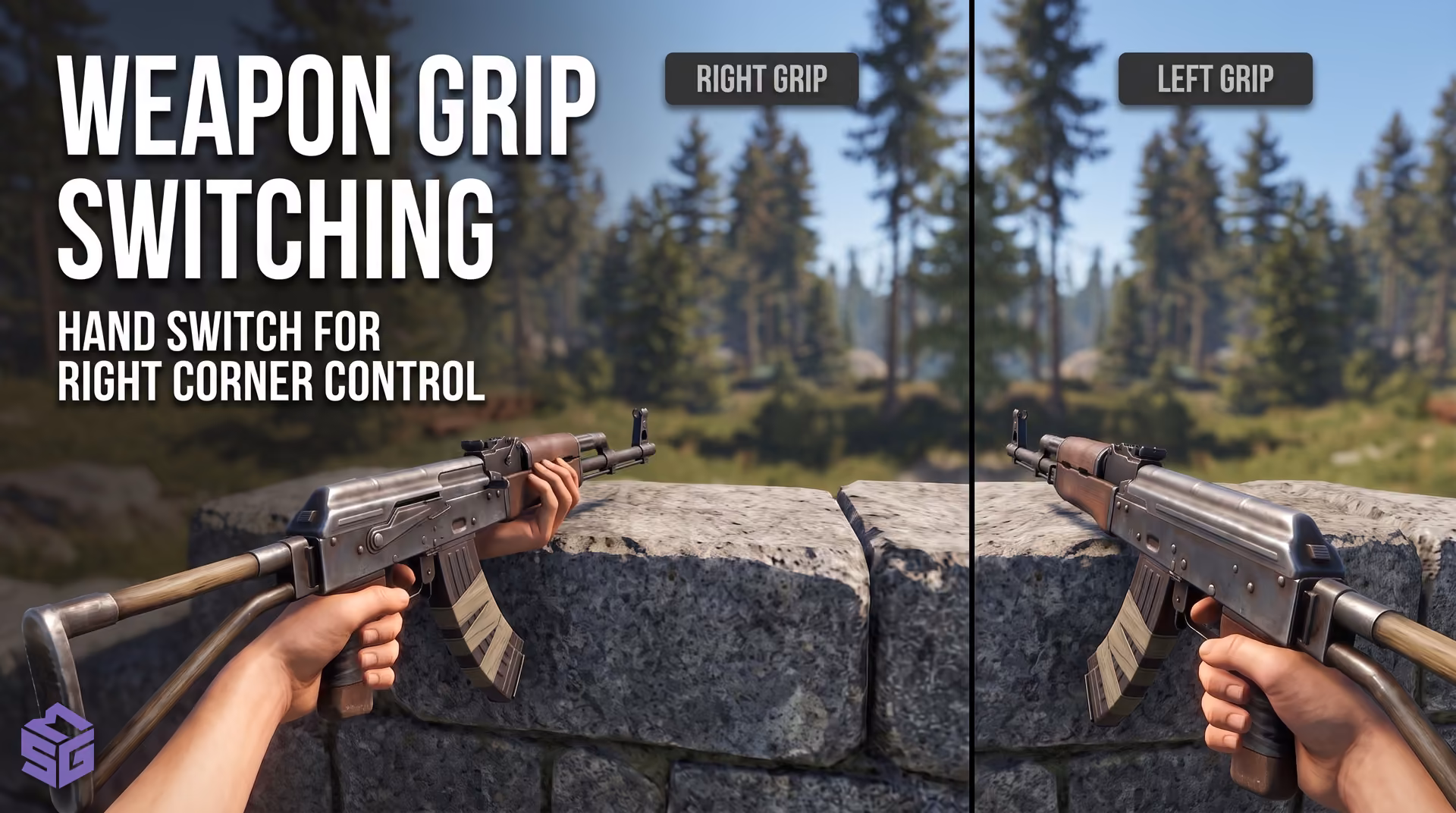 First-person field of view comparison in Rust holding an AK-47 in right versus left hand
