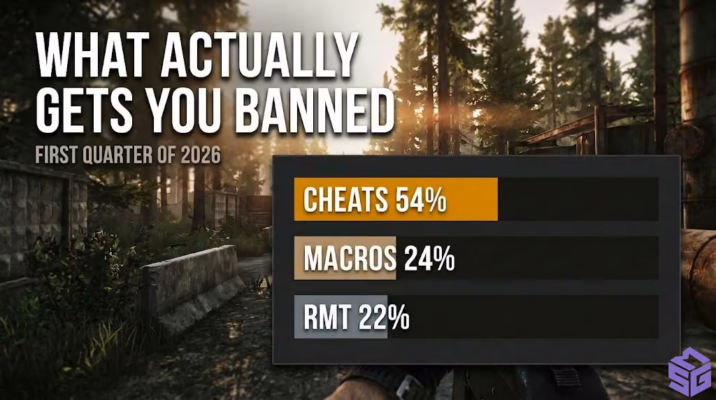 Infographic breakdown of Escape from Tarkov player ban causes for Q1 2026